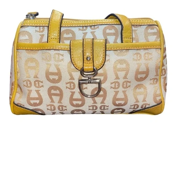 Etienne Aigner Satchel Bag Canvas Leather Signature Logo Print Gold P10 - Picture 1 of 8